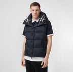 Burberry long hooded puffer jacket with drawstring hem, dark navy quilted panels