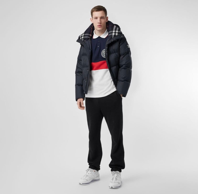 Burberry long hooded puffer jacket, dark navy, plaid inner hood and front closure