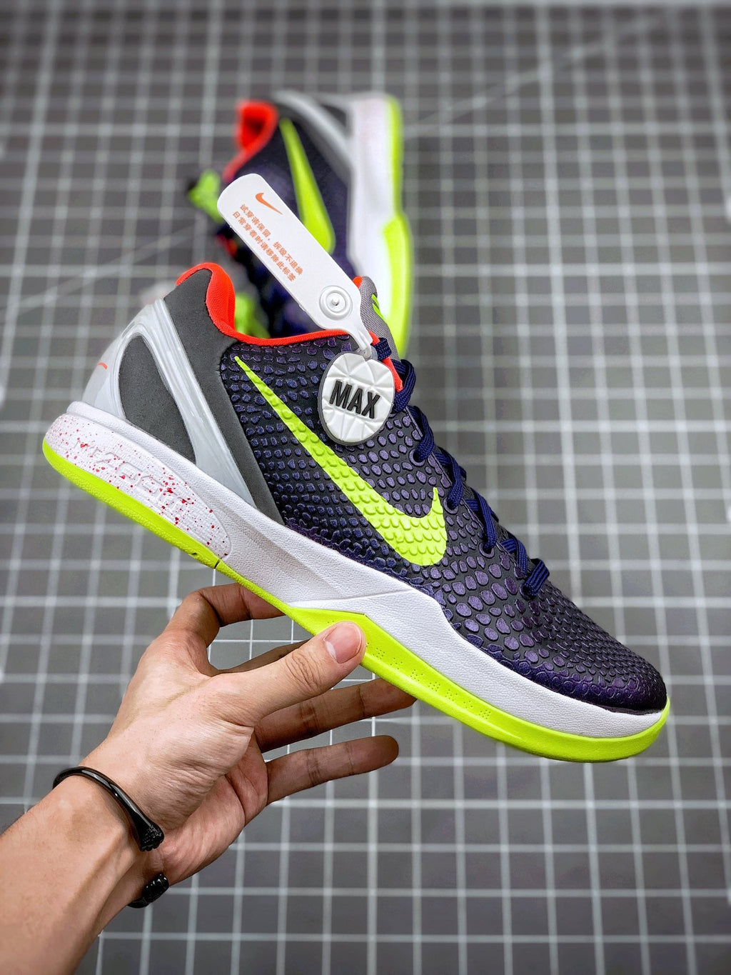 Navy basketball sneaker with neon green swoosh, white midsole, 'MAX' heel patch