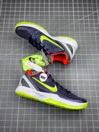 Navy low-top basketball sneakers with neon green outsole and swoosh, angled view