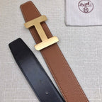 Brown and black leather belt straps with light gold H buckle