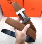 Brown leather belt with cream H buckle and stitched edge