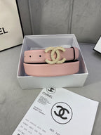 Chanel belt in light pink leather with rhinestone CC buckle, shown in gift box