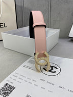 Chanel belt light pink leather with rhinestone CC buckle, black underside