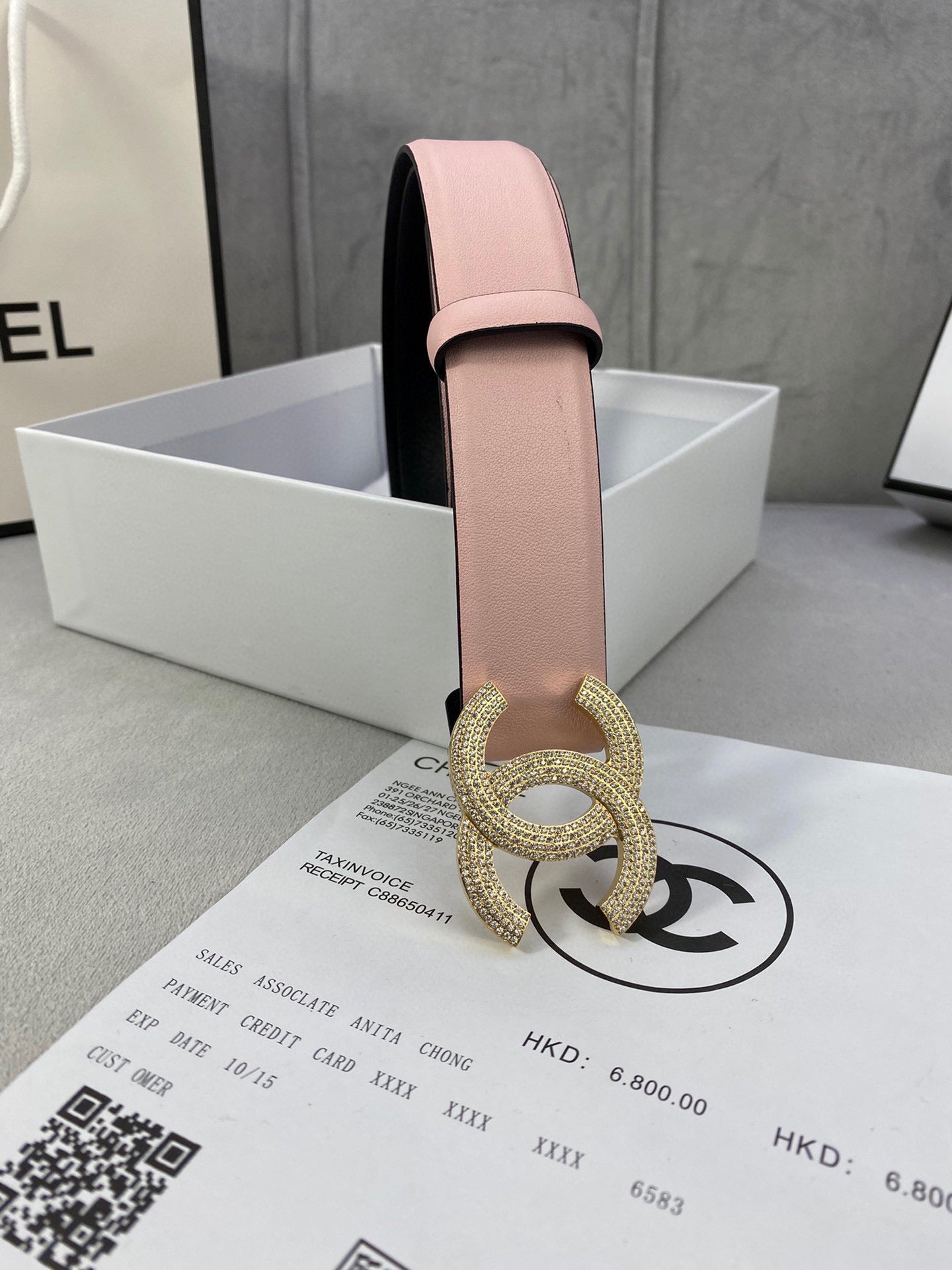 Chanel belt light pink leather with rhinestone CC buckle, black underside