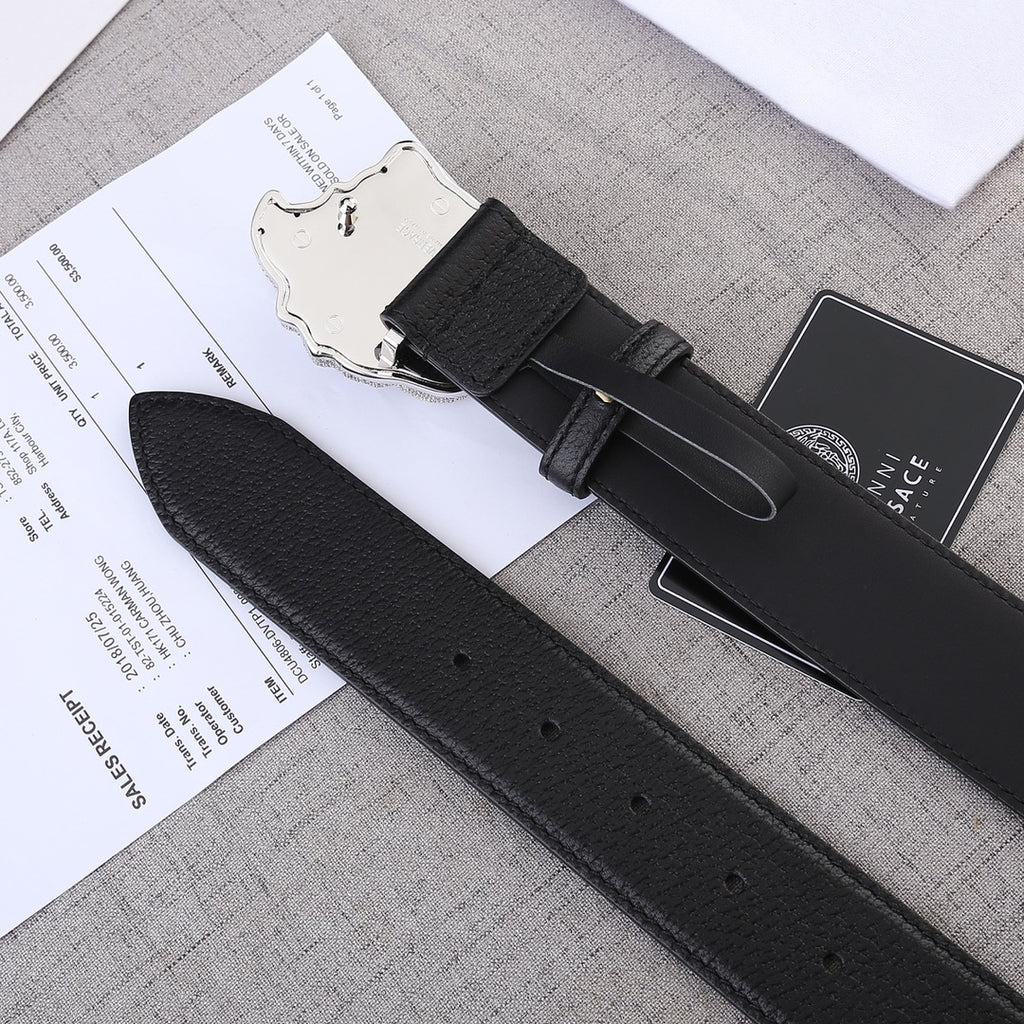 Black leather belt with gold-tone Medusa buckle, adjustable holes view.