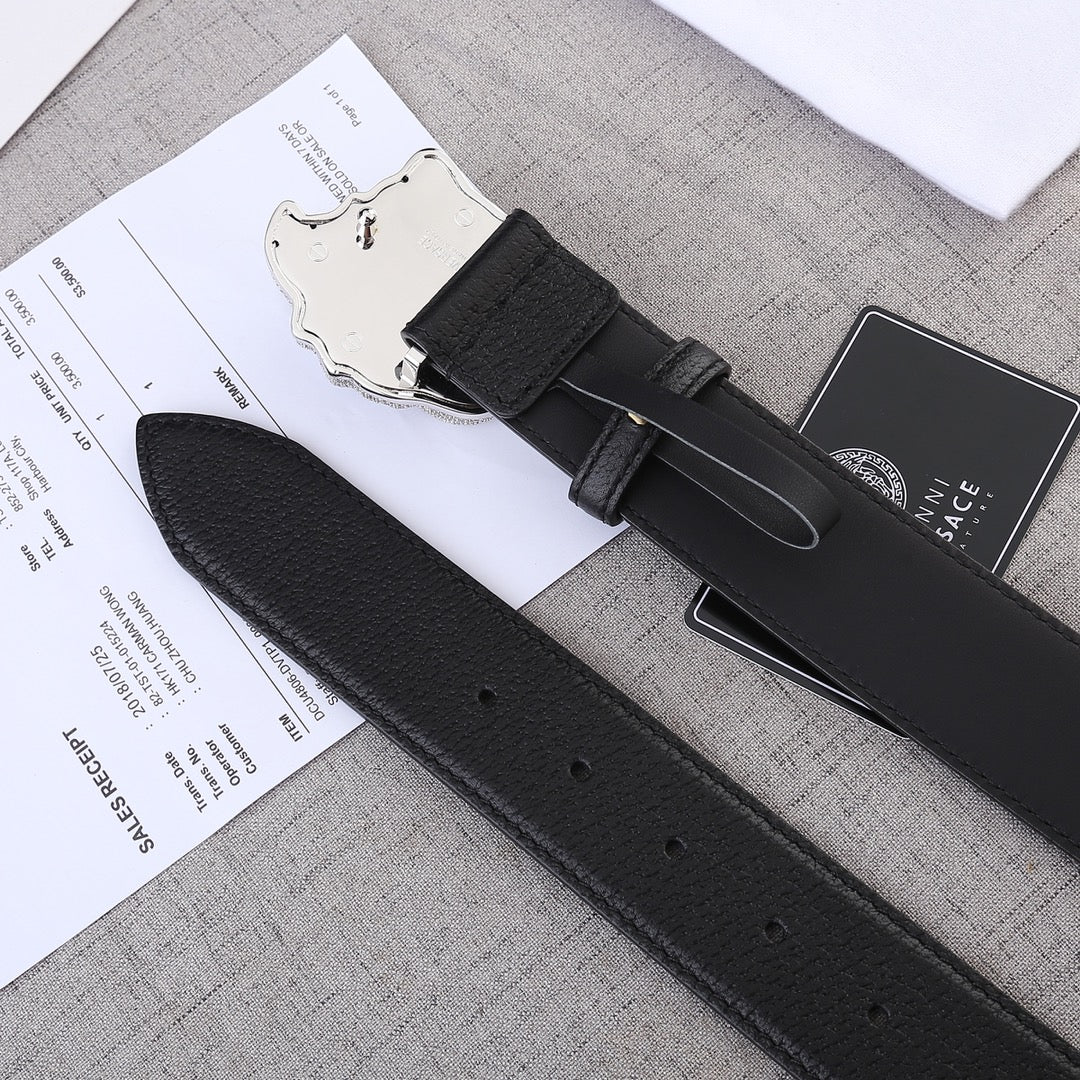 Black leather belt with gold-tone Medusa buckle, adjustable holes view.