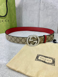 Gucci belt with GG canvas, red leather edge, round silver-toned interlocking buckle