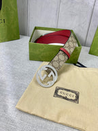 Gucci belt with GG canvas, red leather edge, large silver-toned interlocking buckle