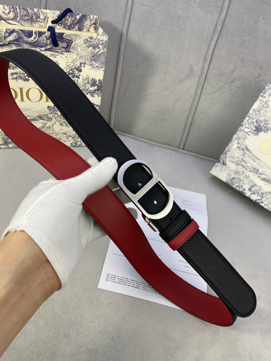 Dior belt with black strap and red stripe, silver-tone buckle; held in hand.