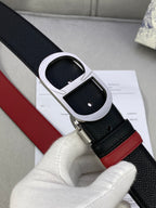 Dior belt buckle close-up: silver-tone oval frame on black strap with red edge.