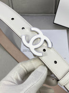 White leather belt with silver CC buckle detail and centered adjustment holes