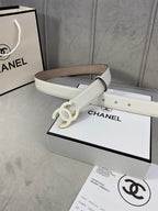 White leather belt with gold CC buckle and contrast stitching