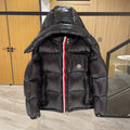 Moncler long puffer jacket, dark with hood, front zip and red-white stripe trim