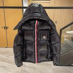 Moncler long puffer jacket, dark with hood, front zip and red-white stripe trim