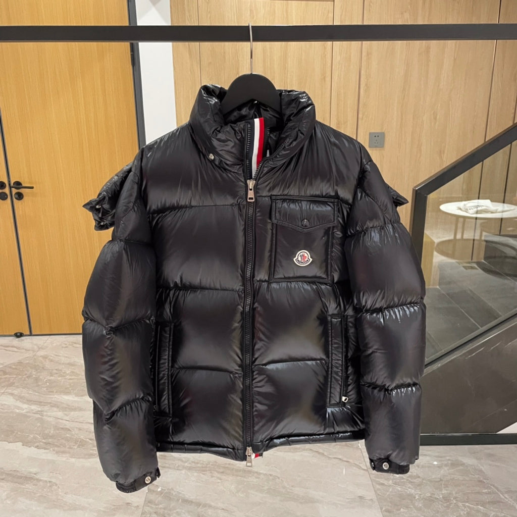 Moncler long puffer jacket front, dark with full zip and chest pocket