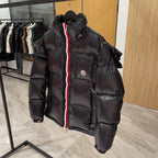Moncler long puffer jacket, dark, zip front with red-white stripe and logo patch