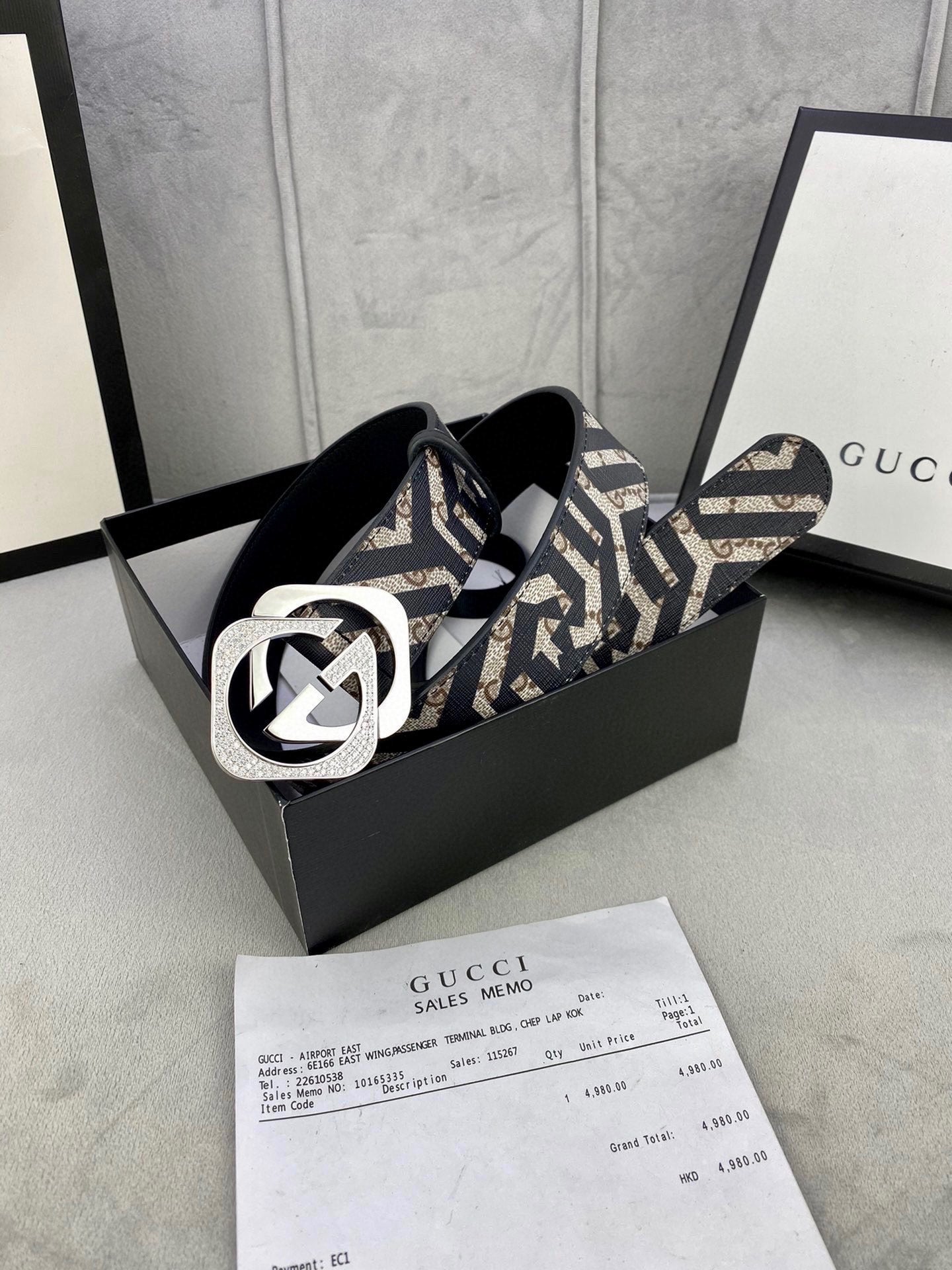 Gucci belt, navy/beige GG strap with metallic interlocking G buckle