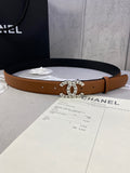 Chanel belt in tan-brown leather with gold-tone CHANEL circular buckle