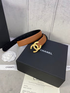 Chanel belt tan-brown leather with gold CHANEL CC buckle on black box