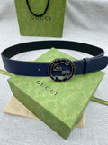 Navy blue leather belt with round double-G logo buckle