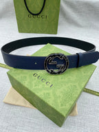 Navy blue leather belt with round double-G logo buckle