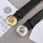 Versace belt pair with black leather straps and Medusa round buckles in gold and silver