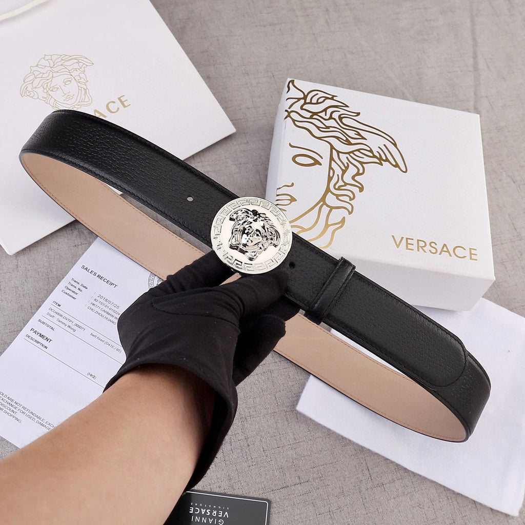 Versace belt in black leather with silver-toned Medusa round buckle, adjustable holes
