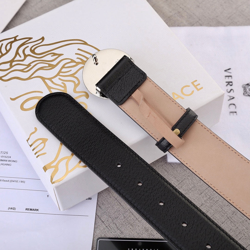 Versace belt set with black and tan straps and metal buckle, hole details
