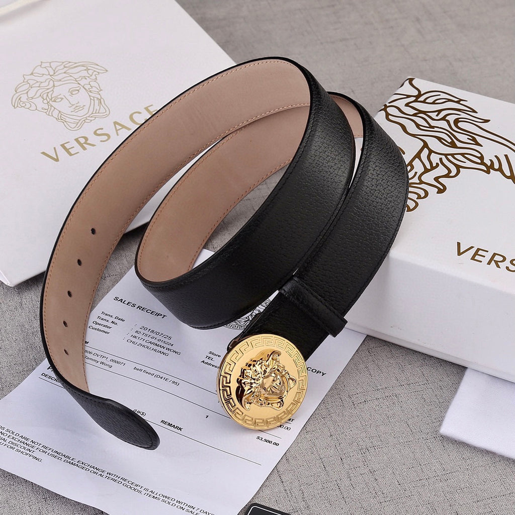 Versace belt with black leather strap and tan underside, round gold buckle