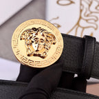 Versace belt with black leather strap and close-up gold Medusa round buckle