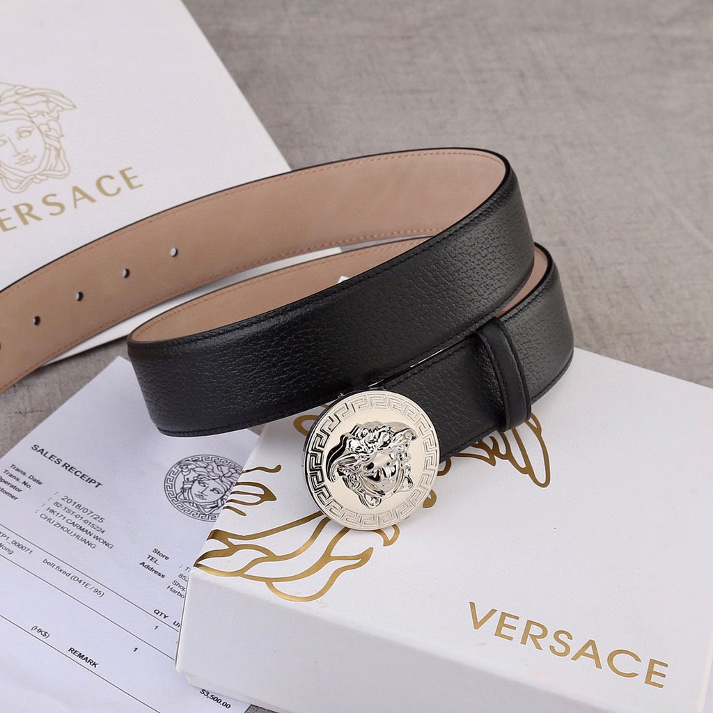 Versace belt with black strap, round silver-tone Medusa buckle, tan backing
