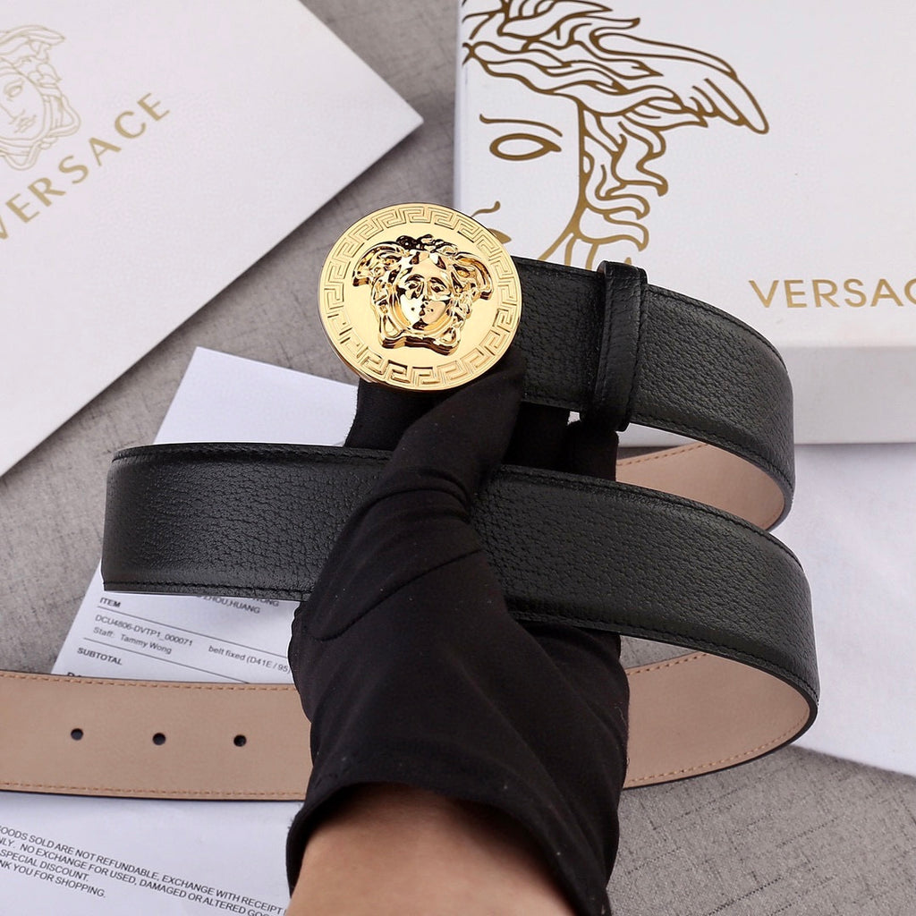 Versace belt with black leather strap and gold round Medusa buckle, buckle centered