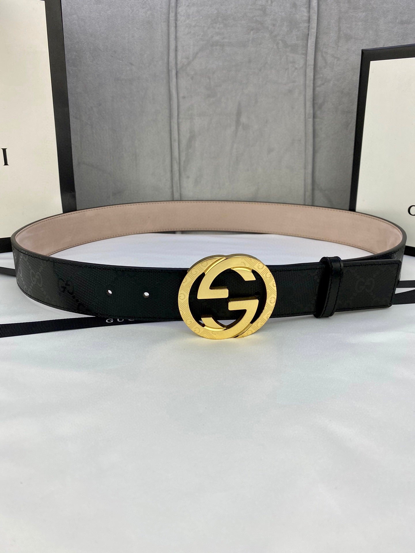 Black monogram leather belt with gold double-G buckle
