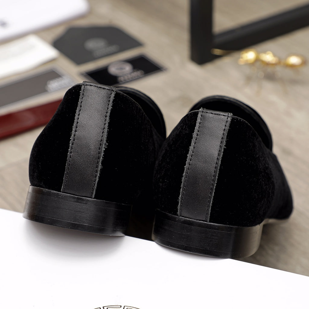 Versace black loafers rear view with block heel and back seam