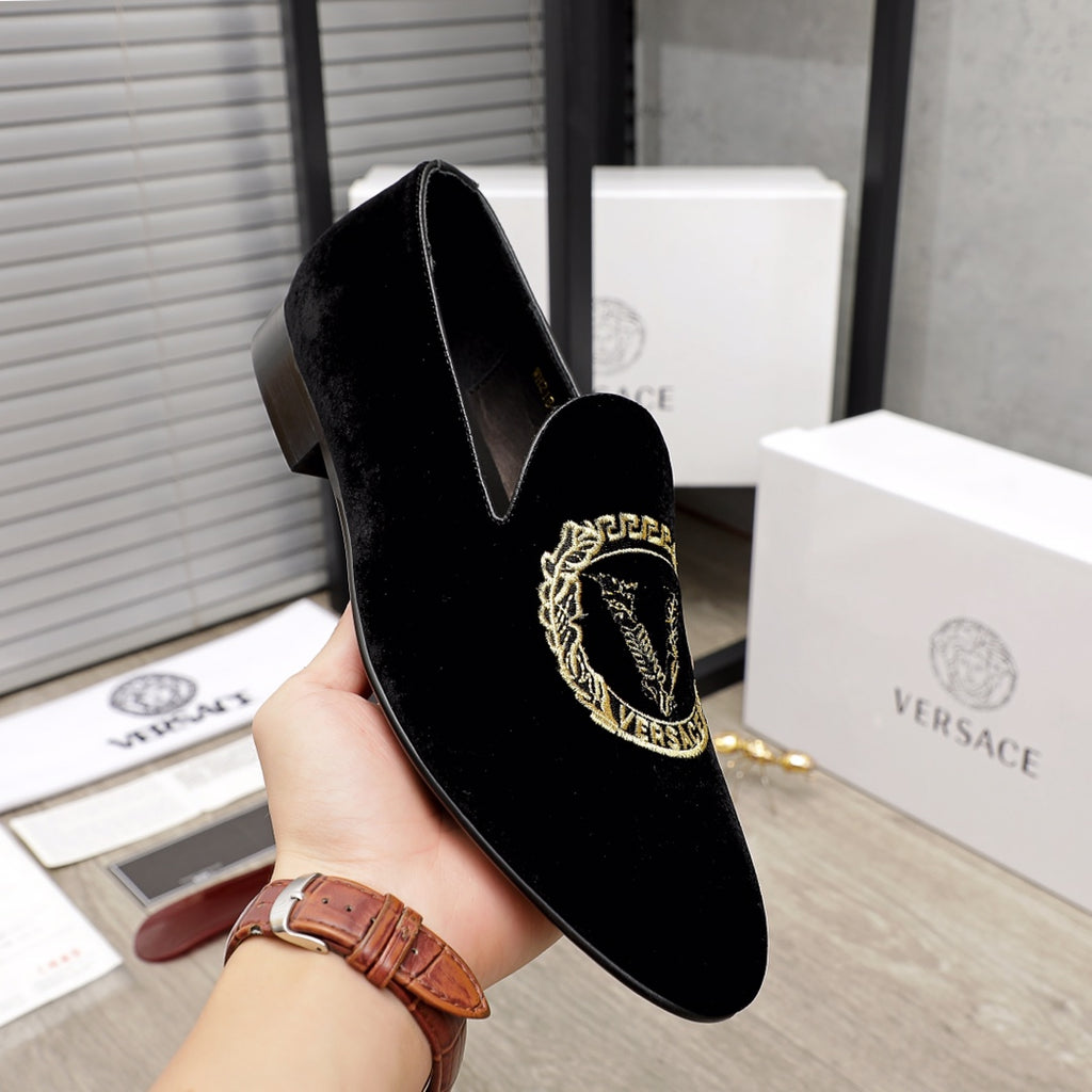Versace black loafers with gold logo embroidery on the side