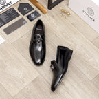 Versace black patent leather loafers, one slip-on and one side view