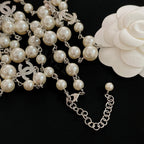 Pearl bead bracelet-style necklace with silver-tone chain and CC charms