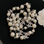 Pearl bead necklace with silver-tone chain and CC logo drop charms