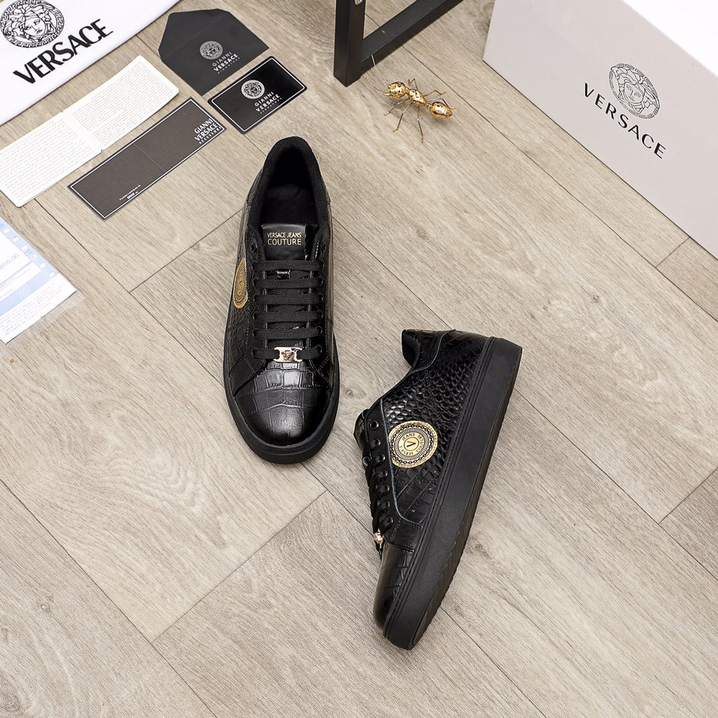 Black Versace sneakers, lace-up with embossed leather and gold emblem patch