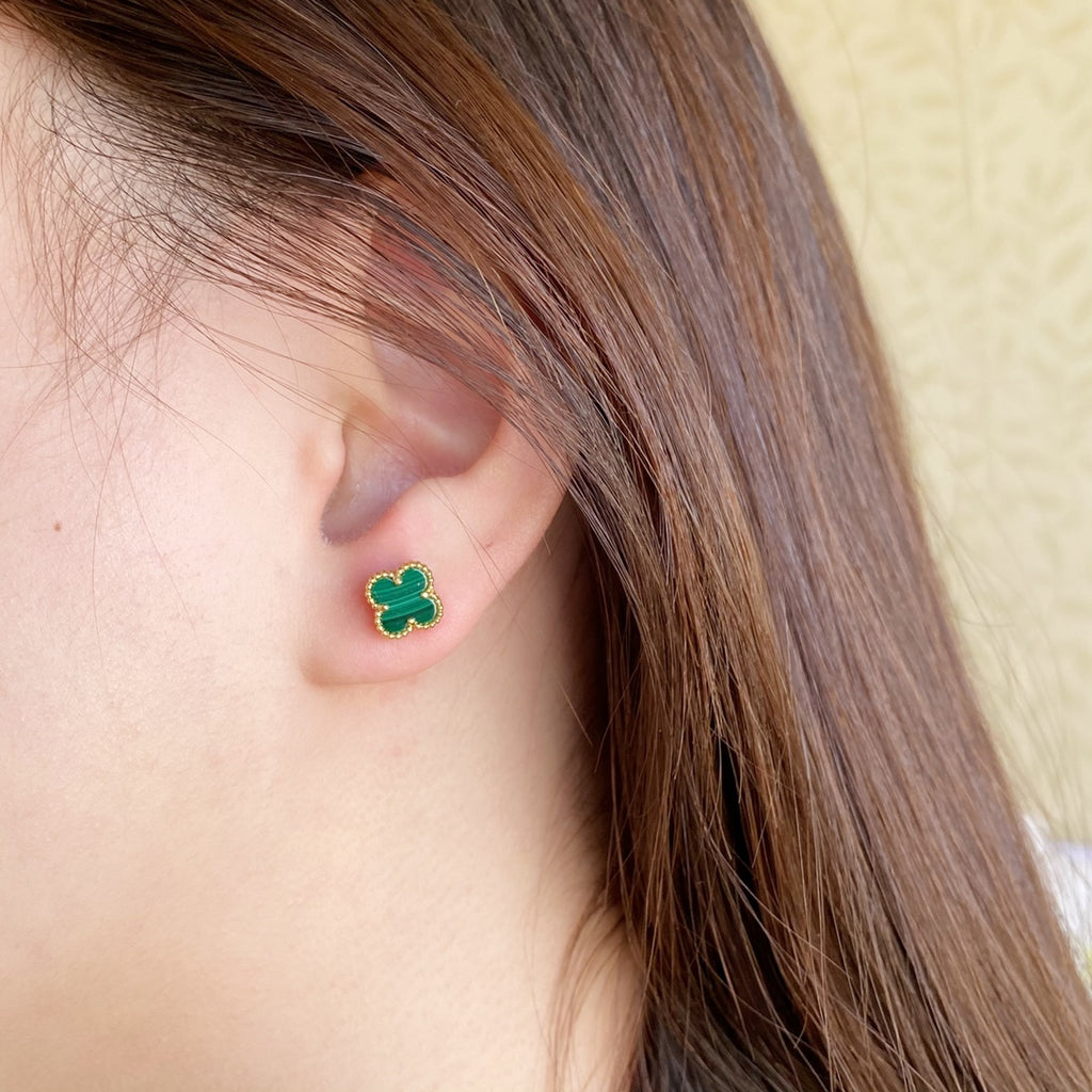 Van Cleef & Arpels clover stud earring, green enamel on gold-tone post
