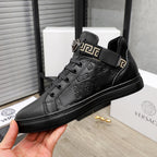 Black Versace high-top sneaker with cushioned collar and textured logo upper