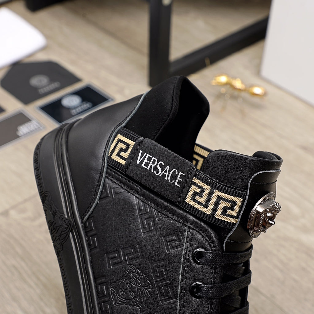 Black Versace high-top sneaker with logo strap and embossed pattern upper