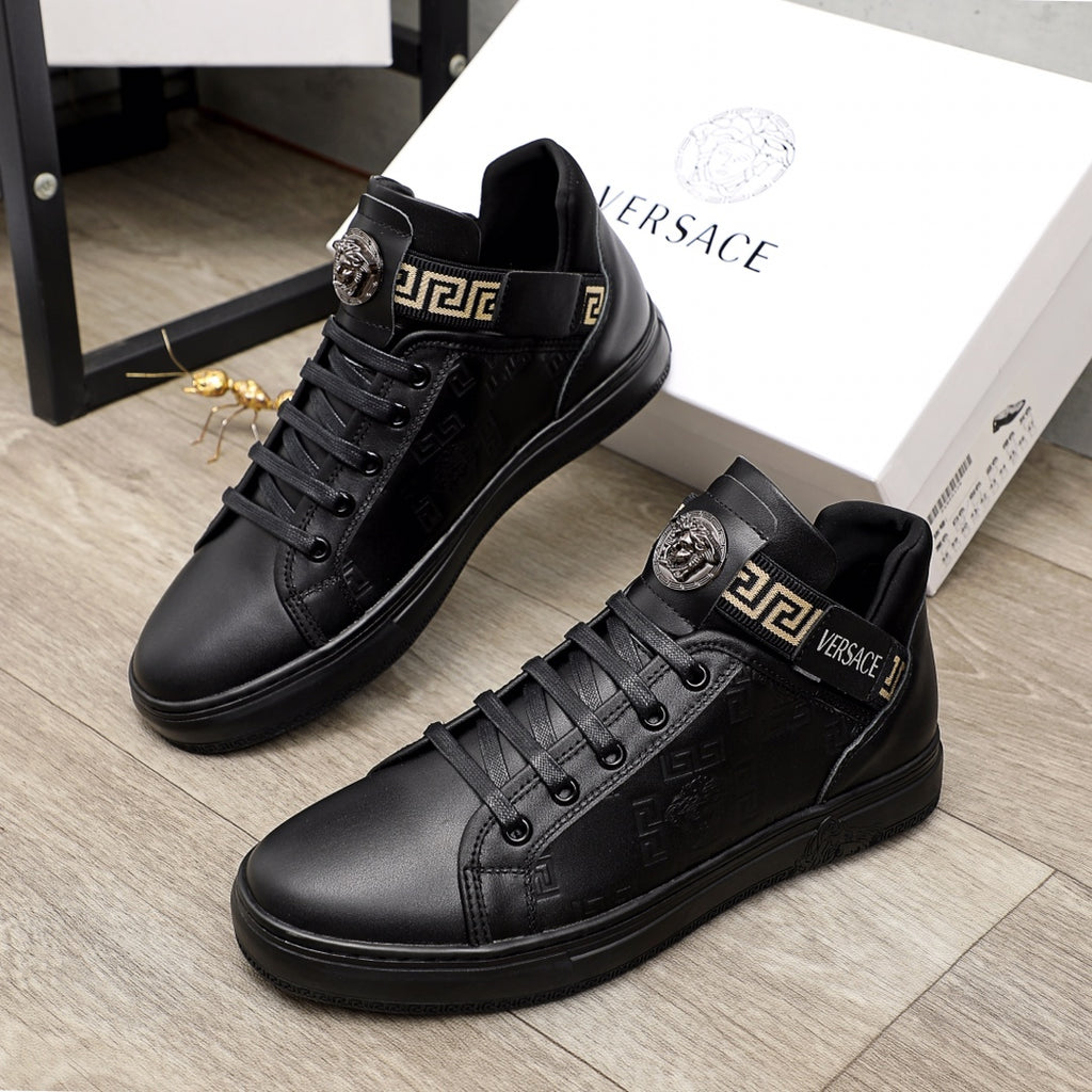 Black Versace high-top sneakers with logo strap and metal side emblem