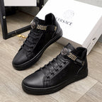 Black Versace high-top sneakers with logo strap and metal side emblem