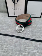 Black leather belt with silver GG buckle and green-red web stripe border