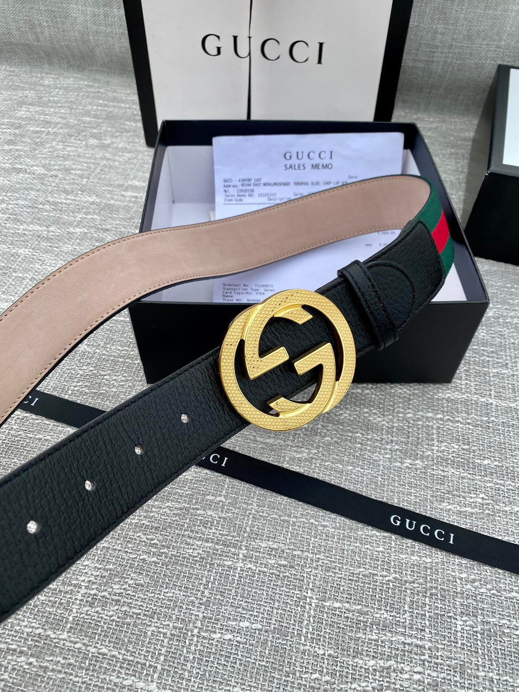 Leather belt with gold GG buckle, black strap, green and red web stripe