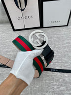 Leather belt with silver GG buckle, black strap, green and red web stripe