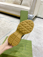 Tan Gucci sneaker outsole with tread pattern and brand marks