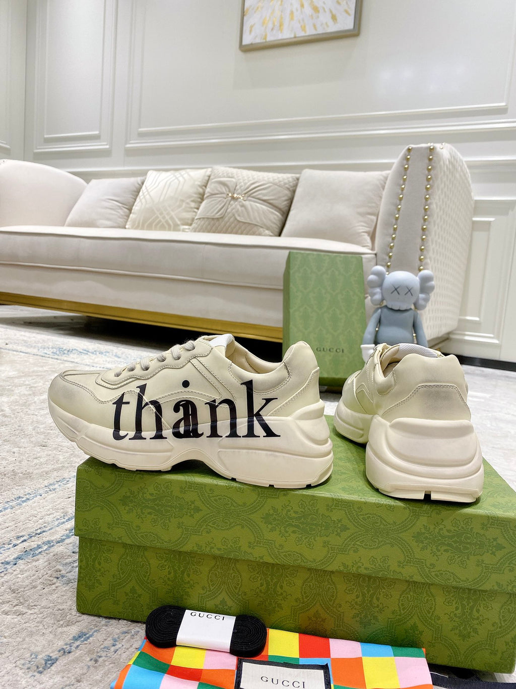 Cream Gucci unisex sneakers set, one with 'thank' script, chunky sole